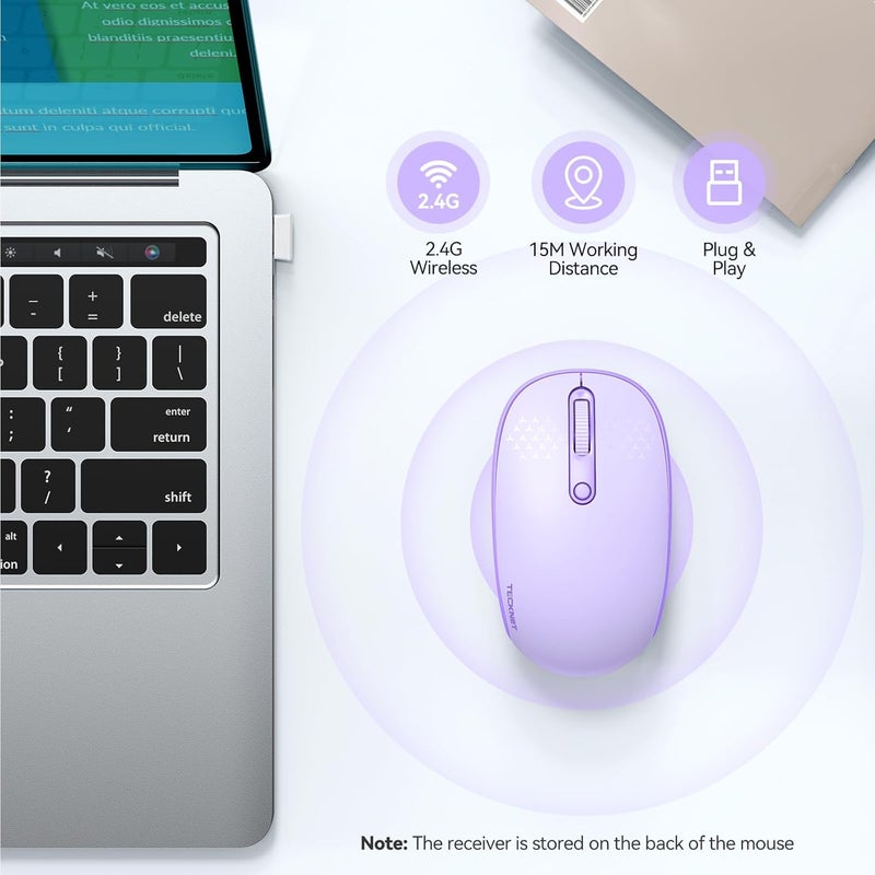 TECKNET Wireless Mouse, 2.4G Quiet Computer Mouse with USB Receiver, 4 Buttons Portable Cordless Mice for Chromebook, Laptop, PC, Mac, 800/1200/1600 DPI - Purple - Image 2